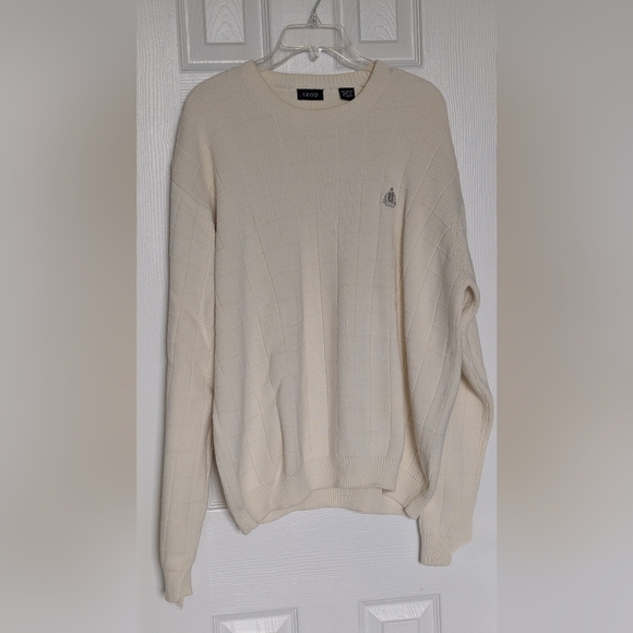 Izod Men's (Size L) Cream Cotton Crewneck Knit Sweater w/Textured Grid Design - Picture 4 of 15